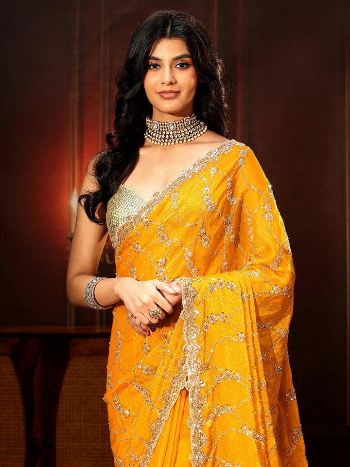 Libas Art Mustard Embellished Tissue Saree