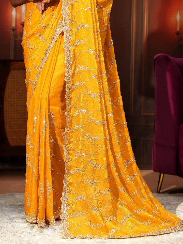 Libas Art Mustard Embellished Tissue Saree