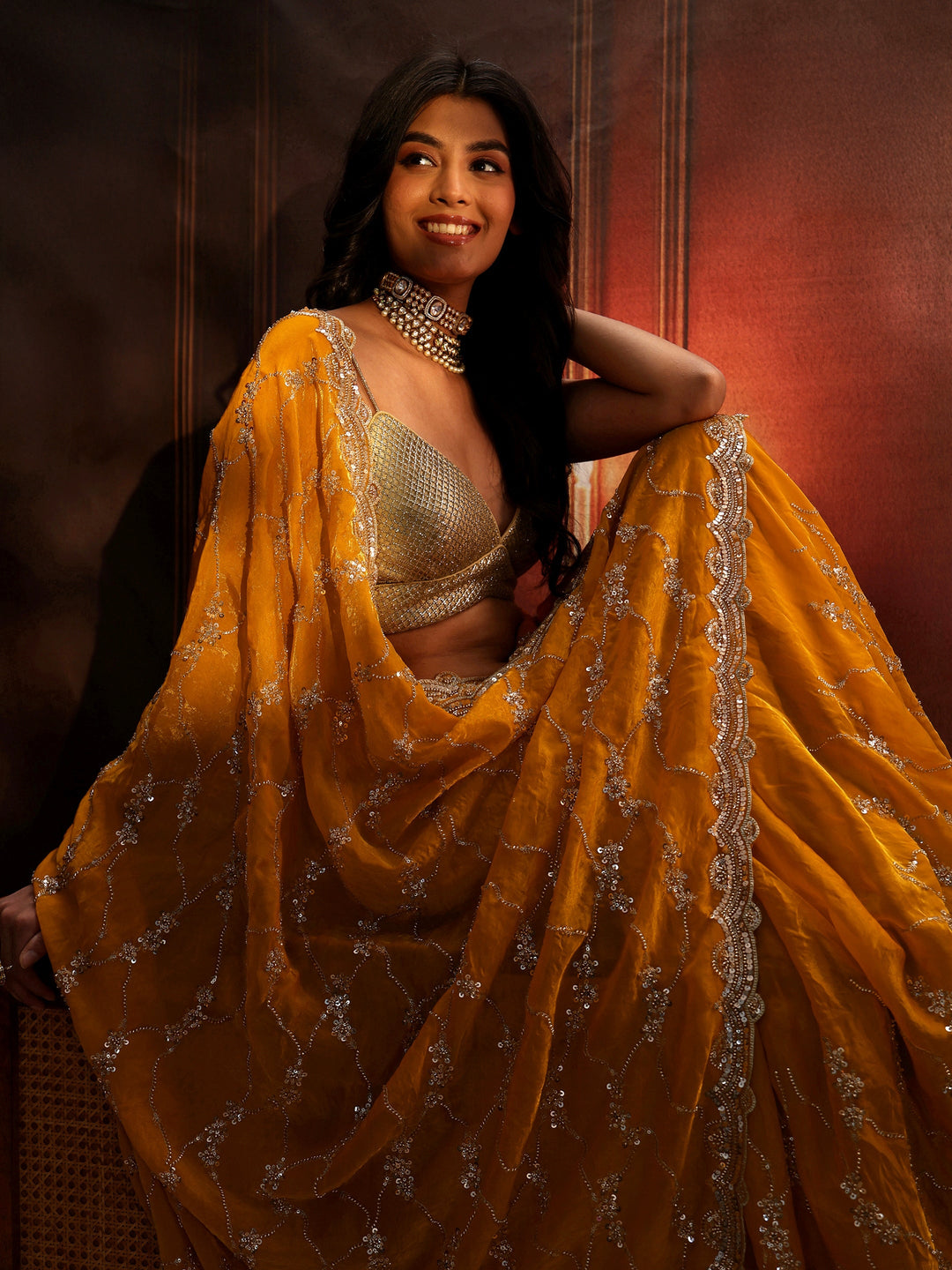 Libas Art Mustard Embellished Tissue Saree