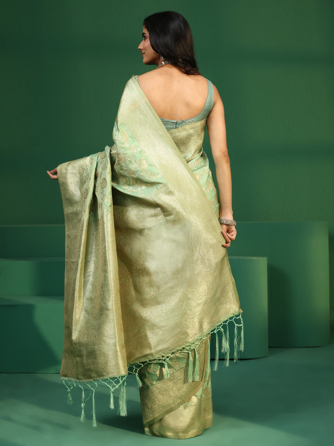 Libas Pista Green Banarasi Silk Blend Saree
