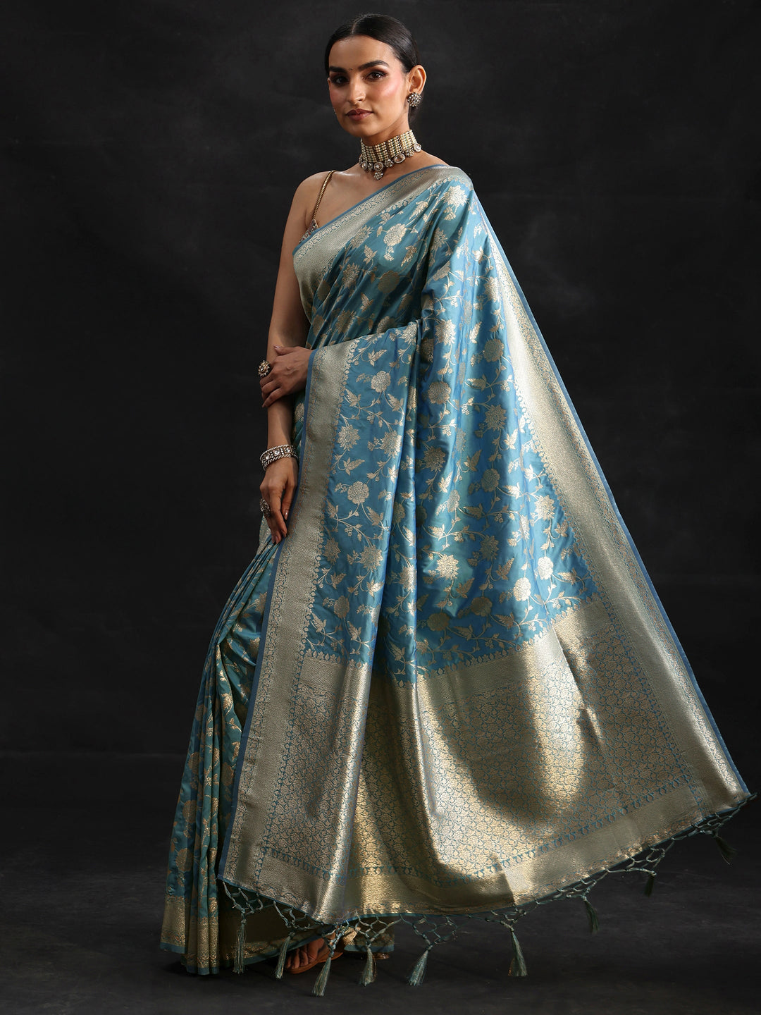 Libas Dusty Sky Blue Banarasi Silk Blend Saree