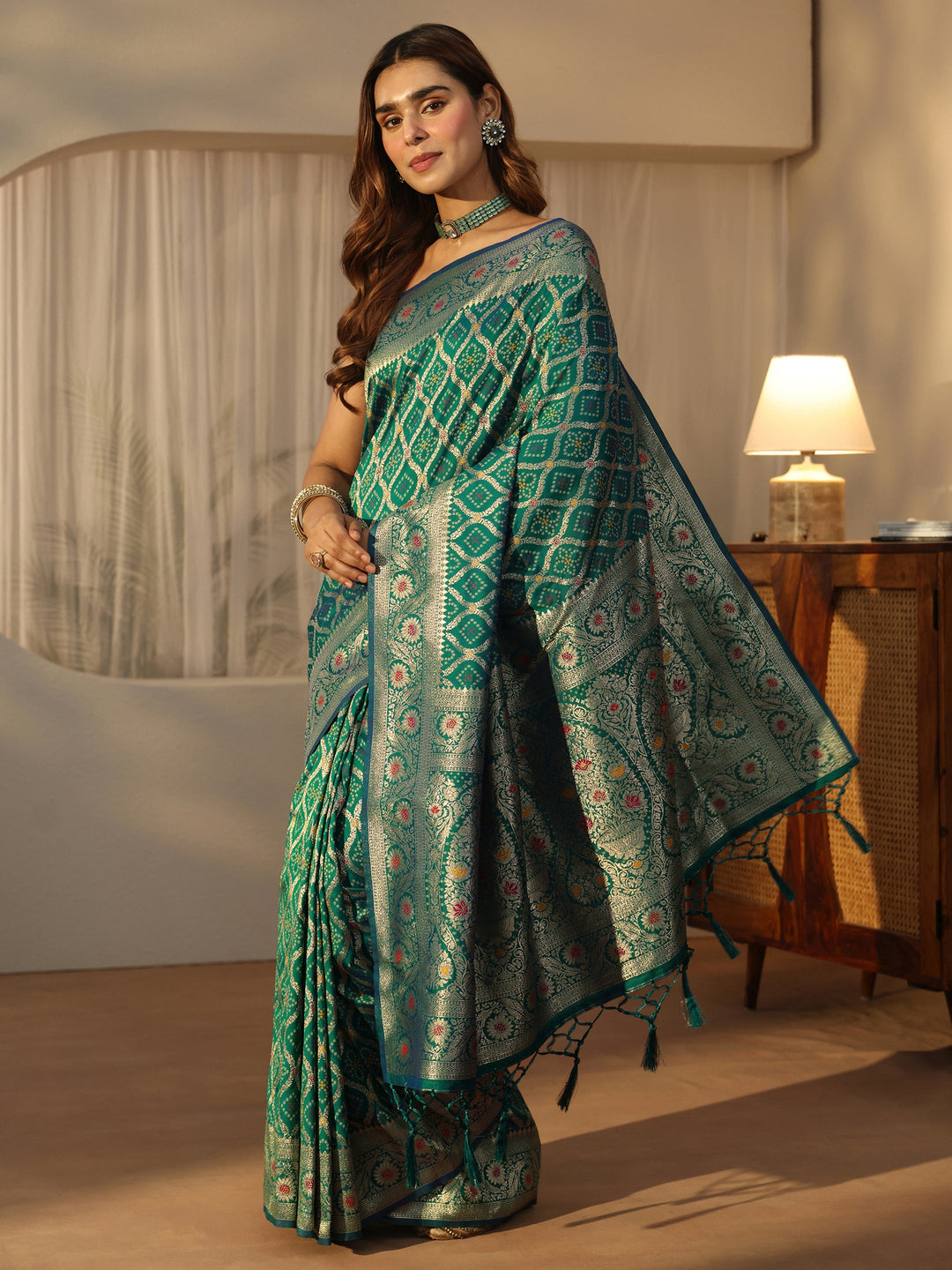 Libas Turquoise Blue Bandhani Print Woven Silk Blend Saree
