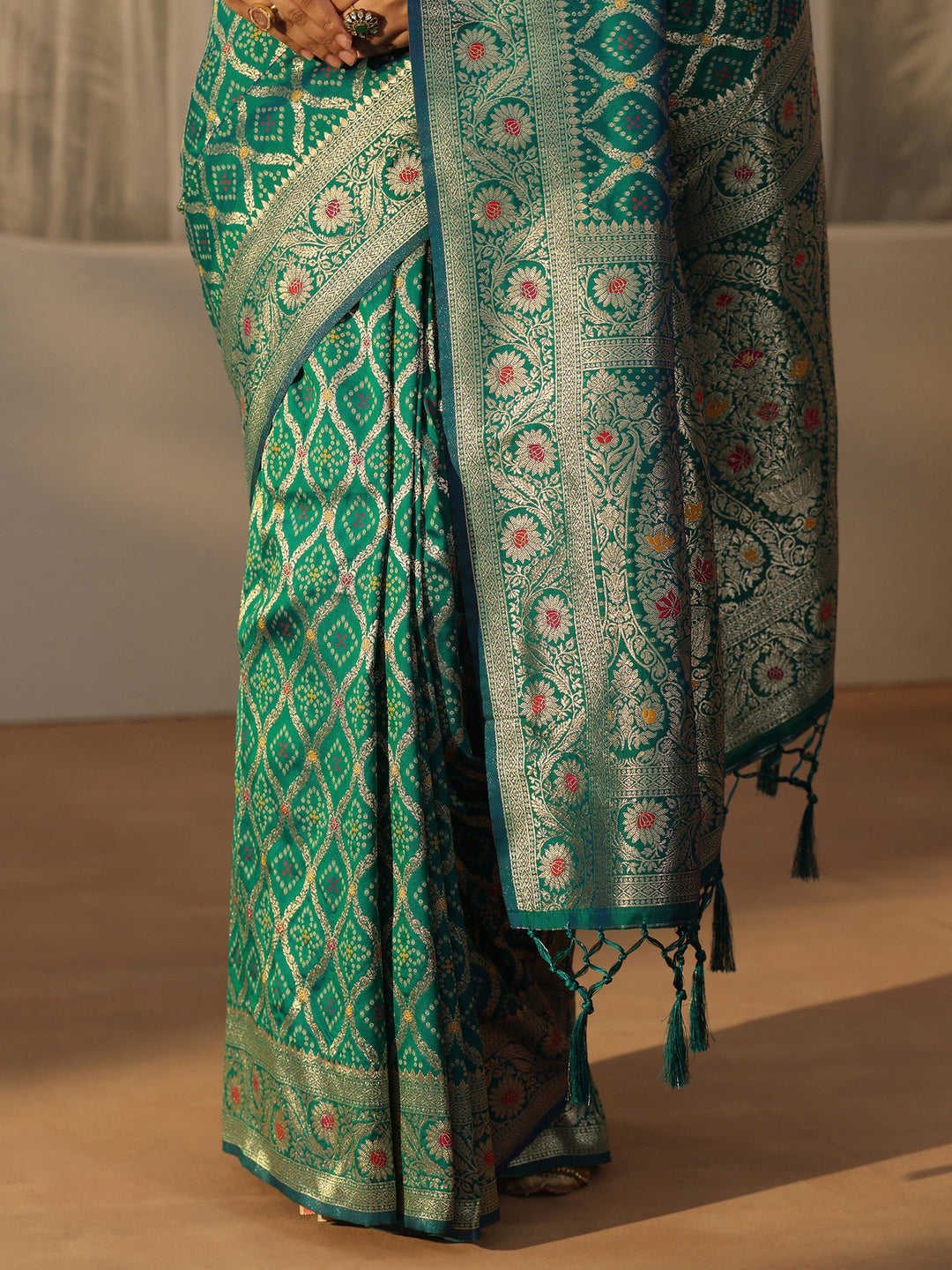 Libas Turquoise Blue Bandhani Print Woven Silk Blend Saree
