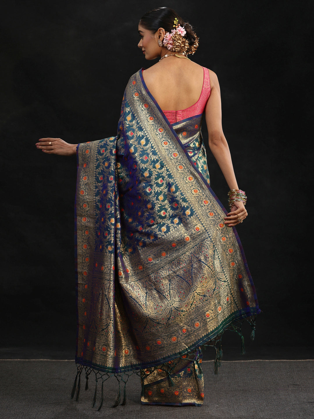 Libas Navy Blue Meenakari Banarasi Silk Blend Saree