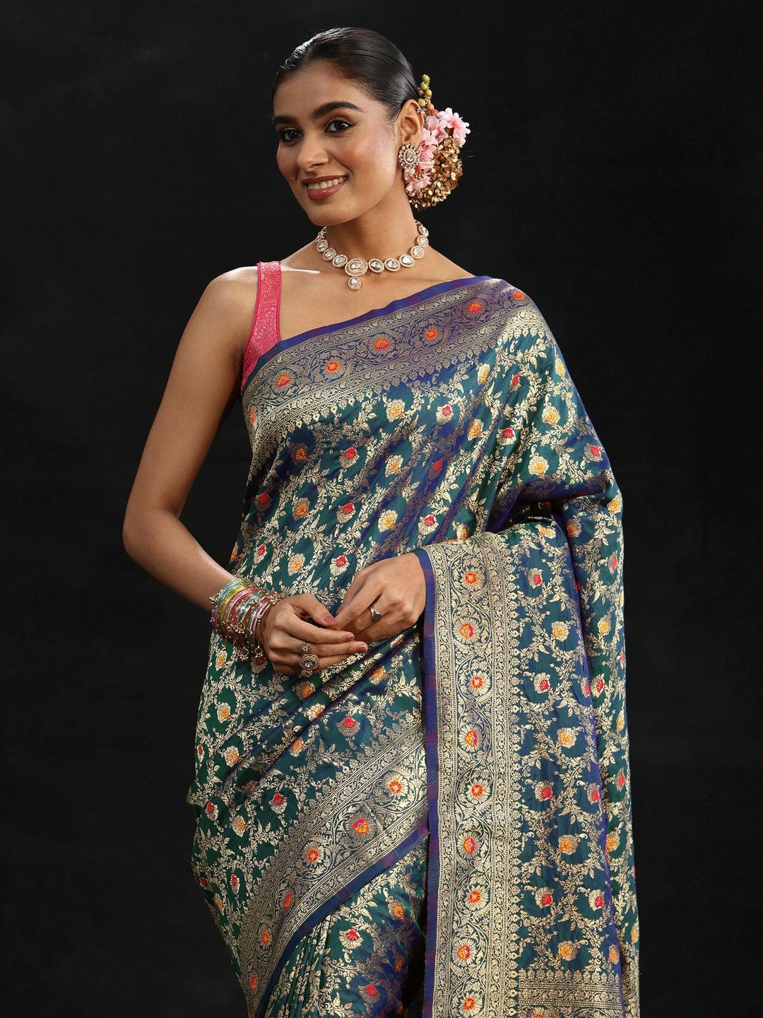 Libas Navy Blue Meenakari Banarasi Silk Blend Saree
