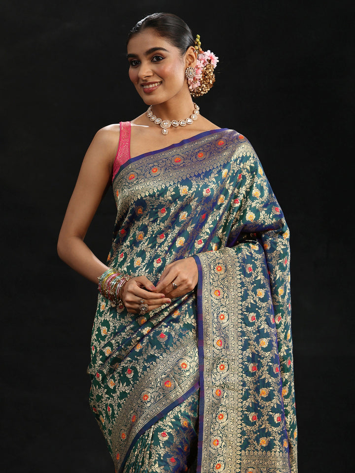 Libas Navy Blue Meenakari Banarasi Silk Blend Saree