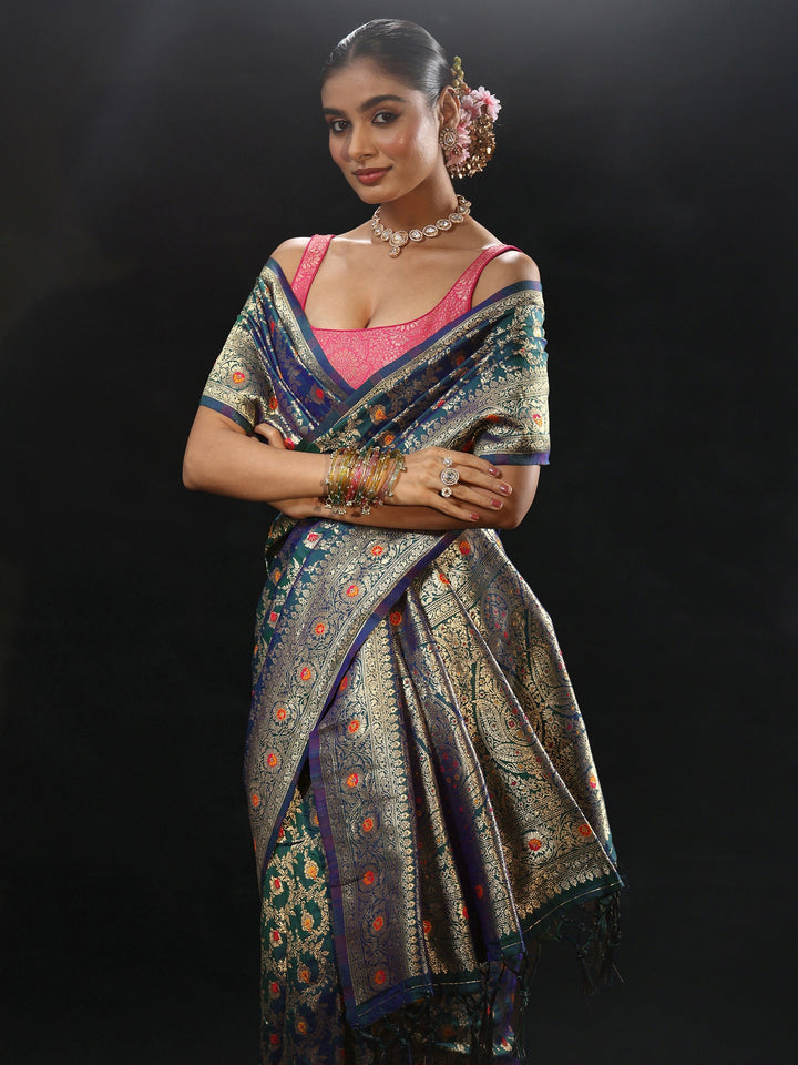 Libas Navy Blue Meenakari Banarasi Silk Blend Saree