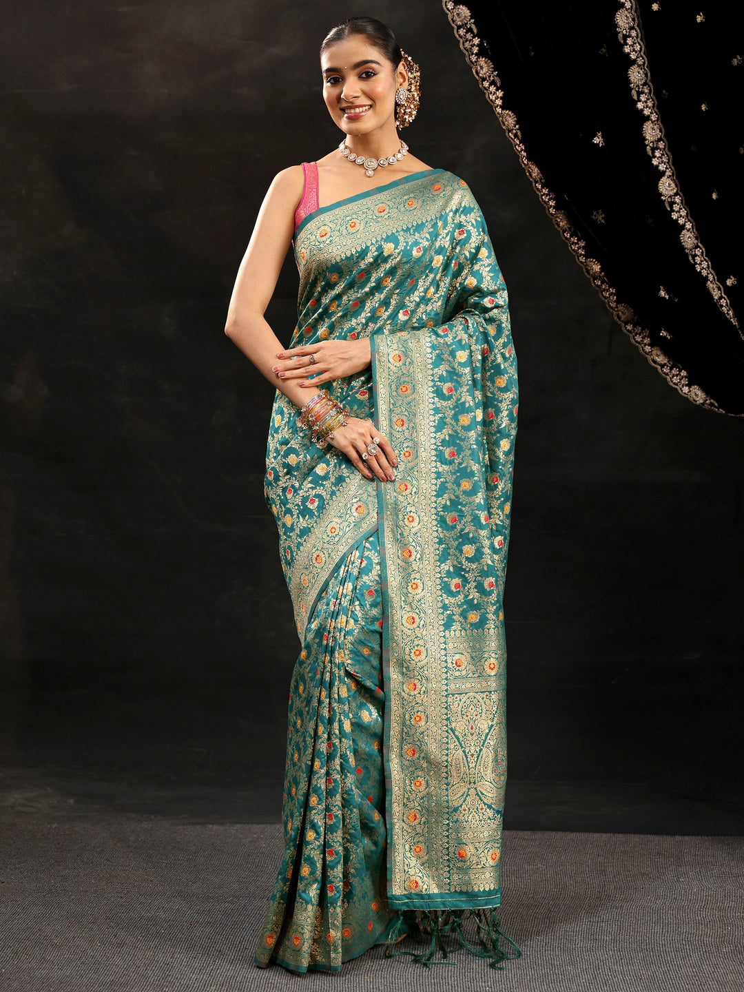 Libas Teal Green Meenakari Banarasi Silk Blend Saree