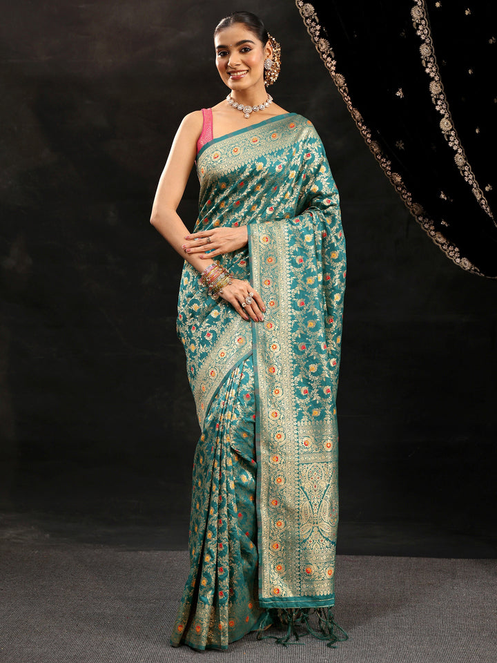 Libas Teal Green Meenakari Banarasi Silk Blend Saree