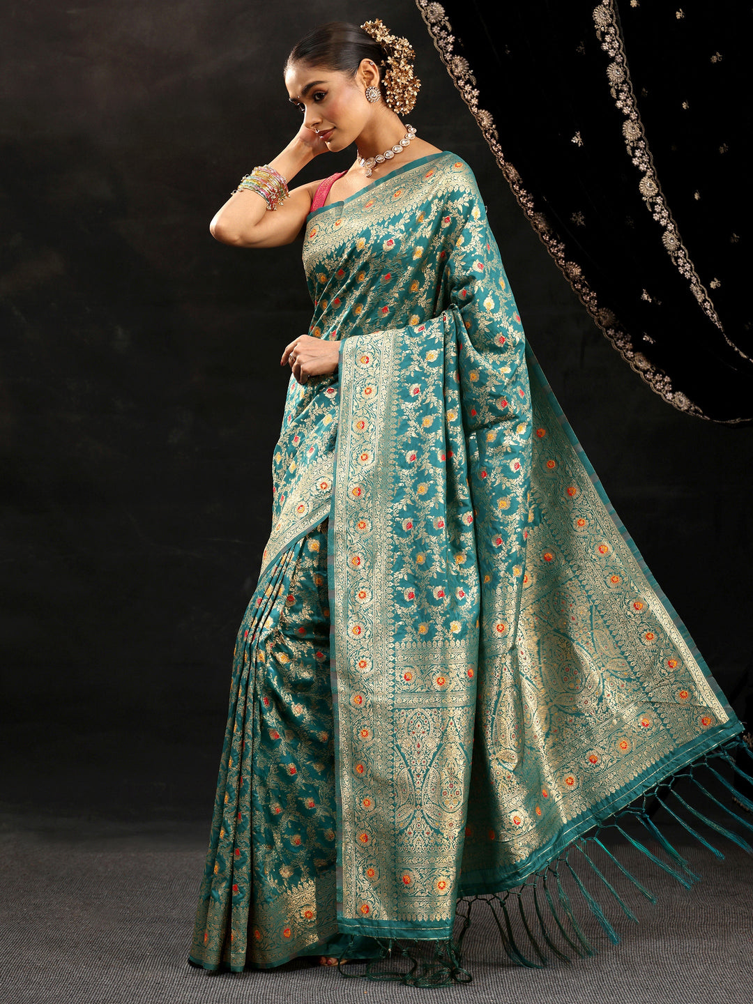 Libas Teal Green Meenakari Banarasi Silk Blend Saree