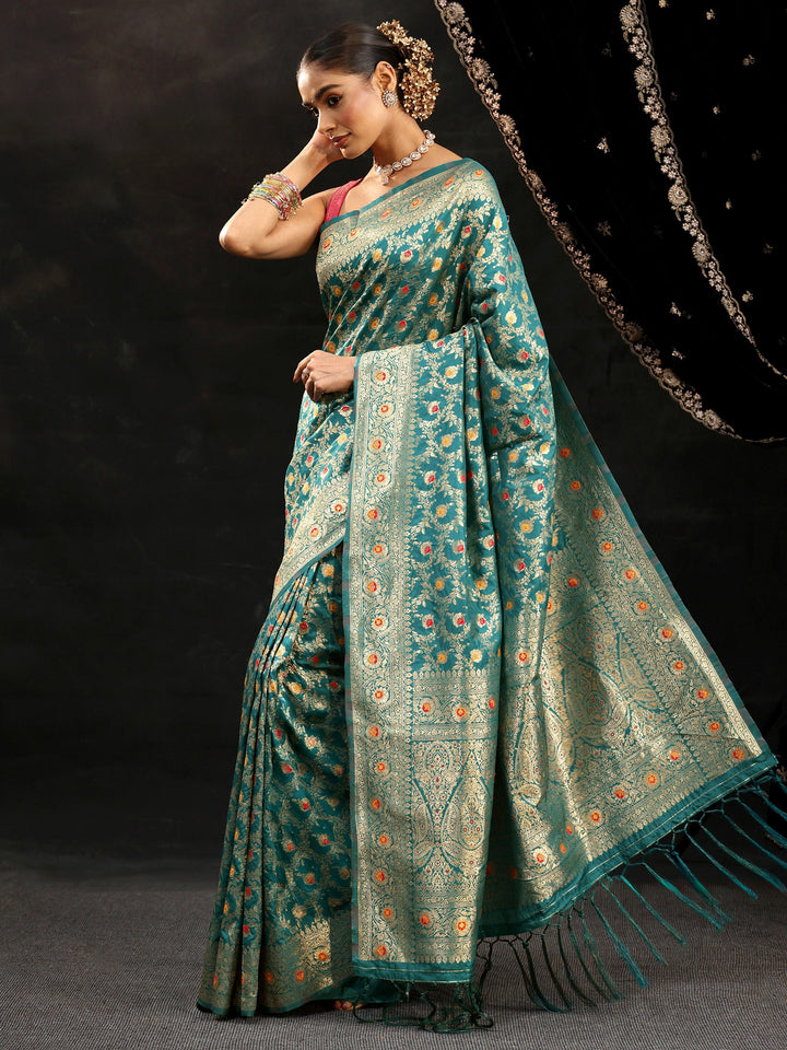 Libas Teal Green Meenakari Banarasi Silk Blend Saree