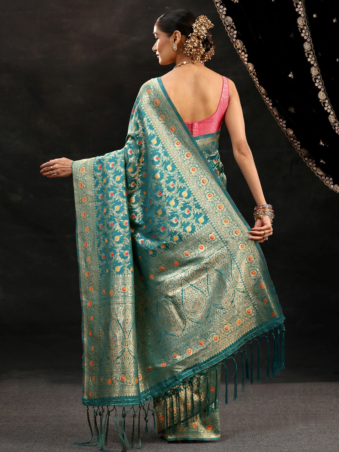 Libas Teal Green Meenakari Banarasi Silk Blend Saree