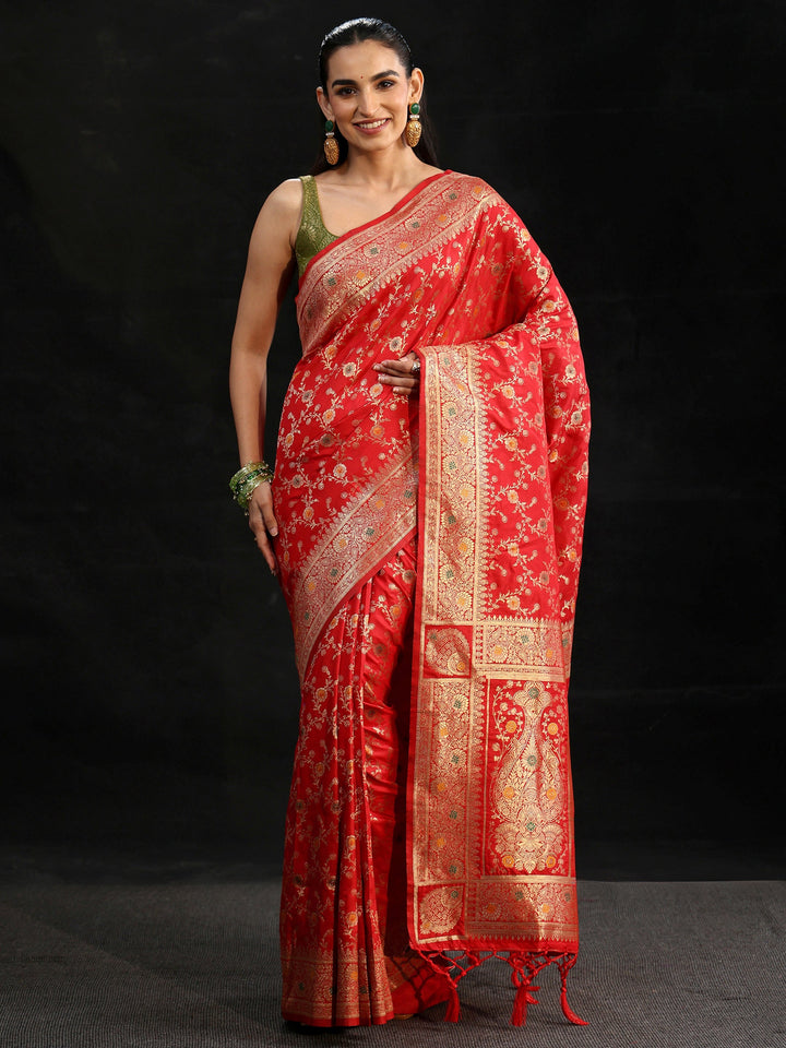Libas Vermilion Red Meenakari Banarasi Silk Blend Saree