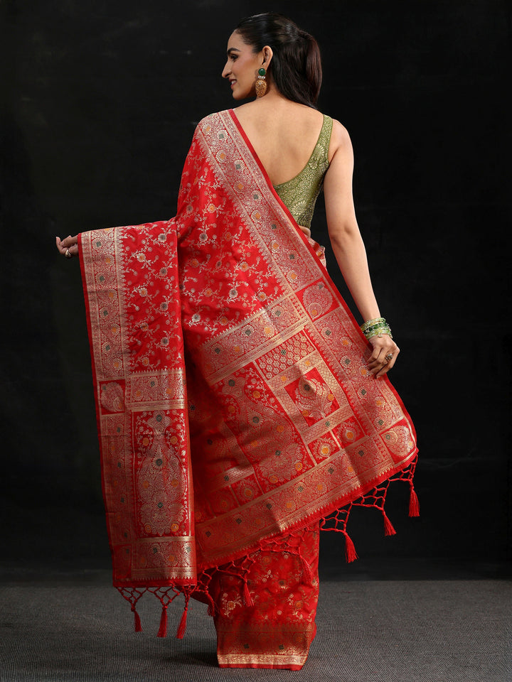Libas Vermilion Red Meenakari Banarasi Silk Blend Saree