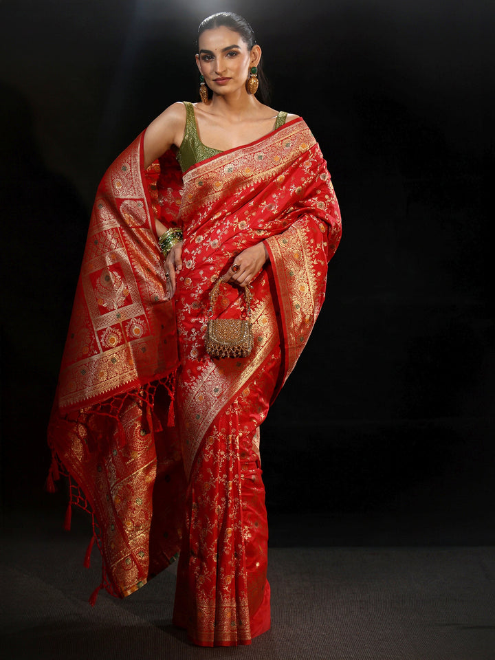 Libas Vermilion Red Meenakari Banarasi Silk Blend Saree