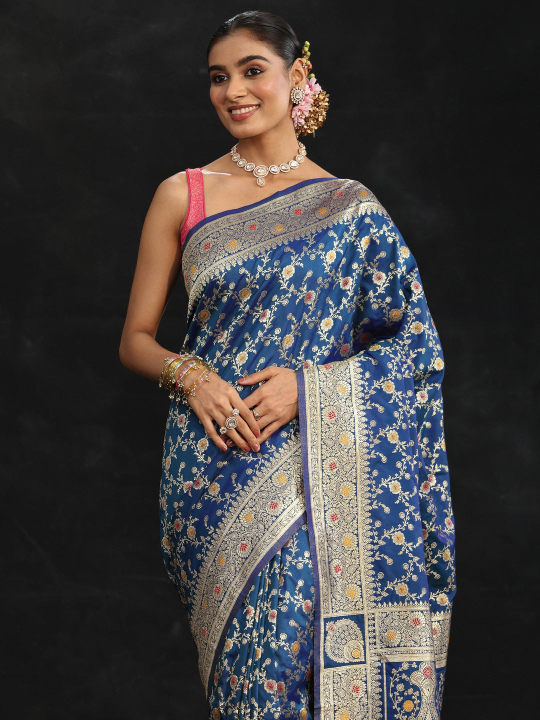Libas Royal Blue Meenakari Banarasi Silk Blend Saree
