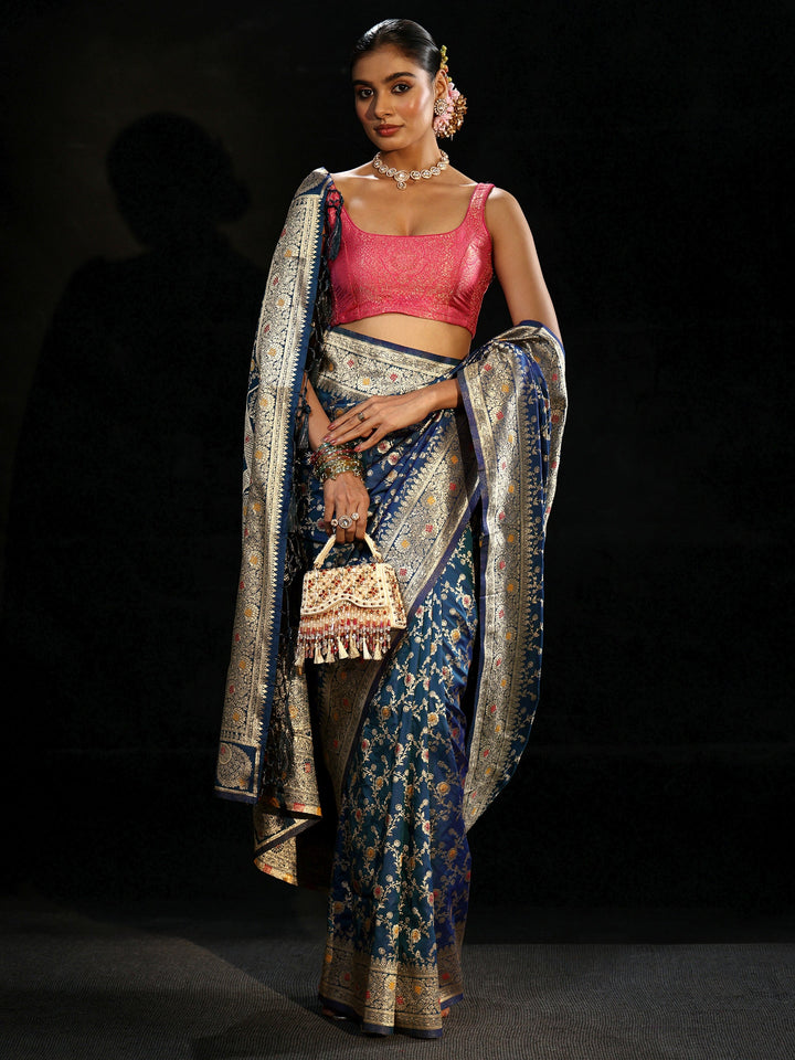 Libas Royal Blue Meenakari Banarasi Silk Blend Saree