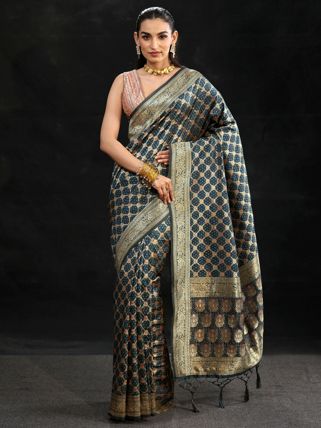 Libas Navy Blue Banarasi Silk Blend Saree