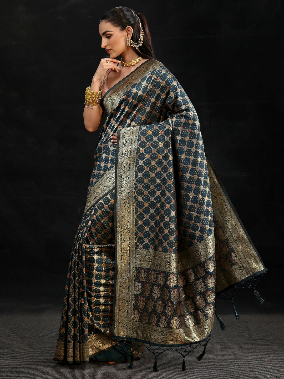 Libas Navy Blue Banarasi Silk Blend Saree