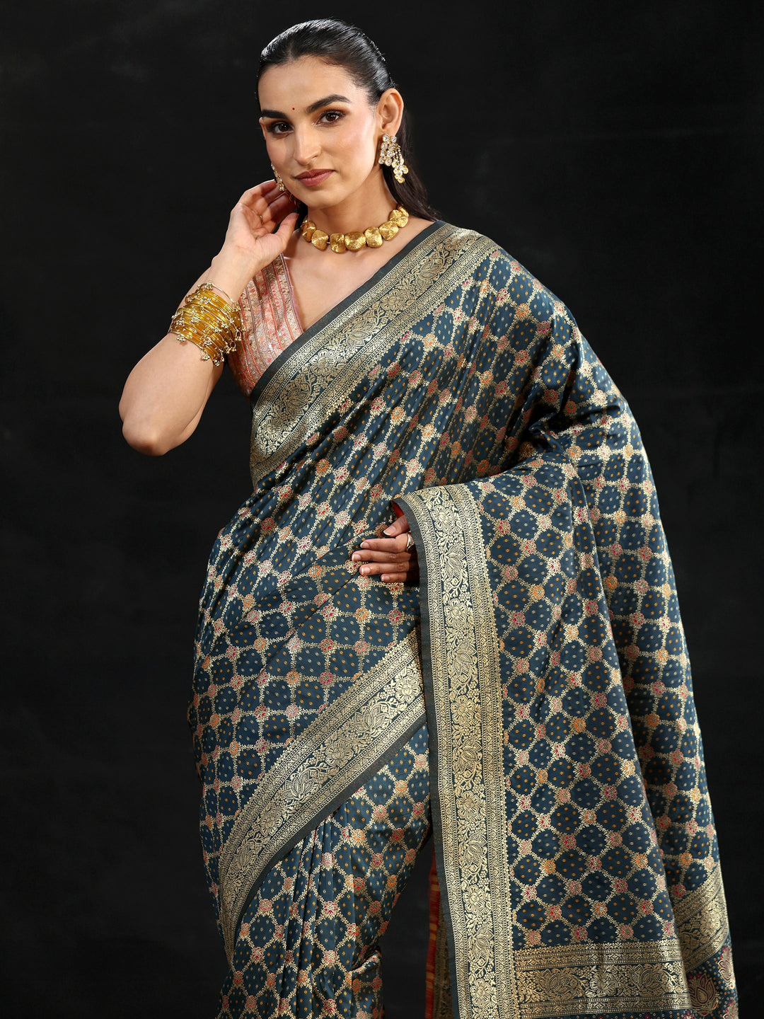 Libas Navy Blue Banarasi Silk Blend Saree