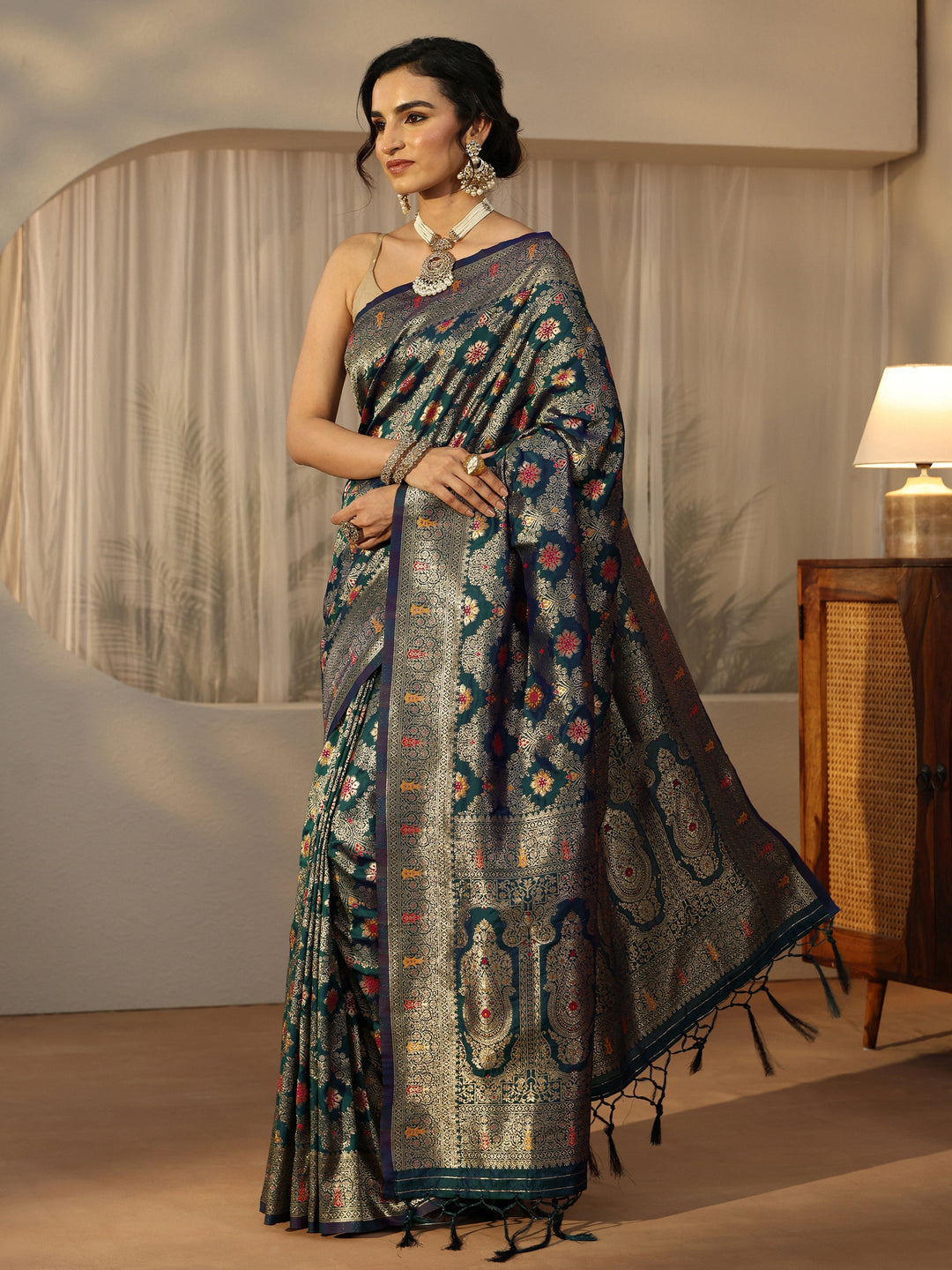 Libas Peacock Blue Banarasi Silk Blend Saree