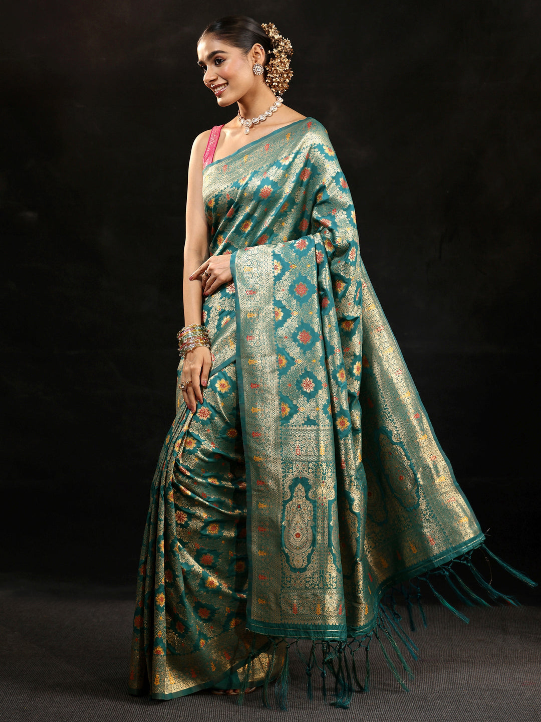 Libas Teal Green Meenakari Banarasi Silk Blend Saree