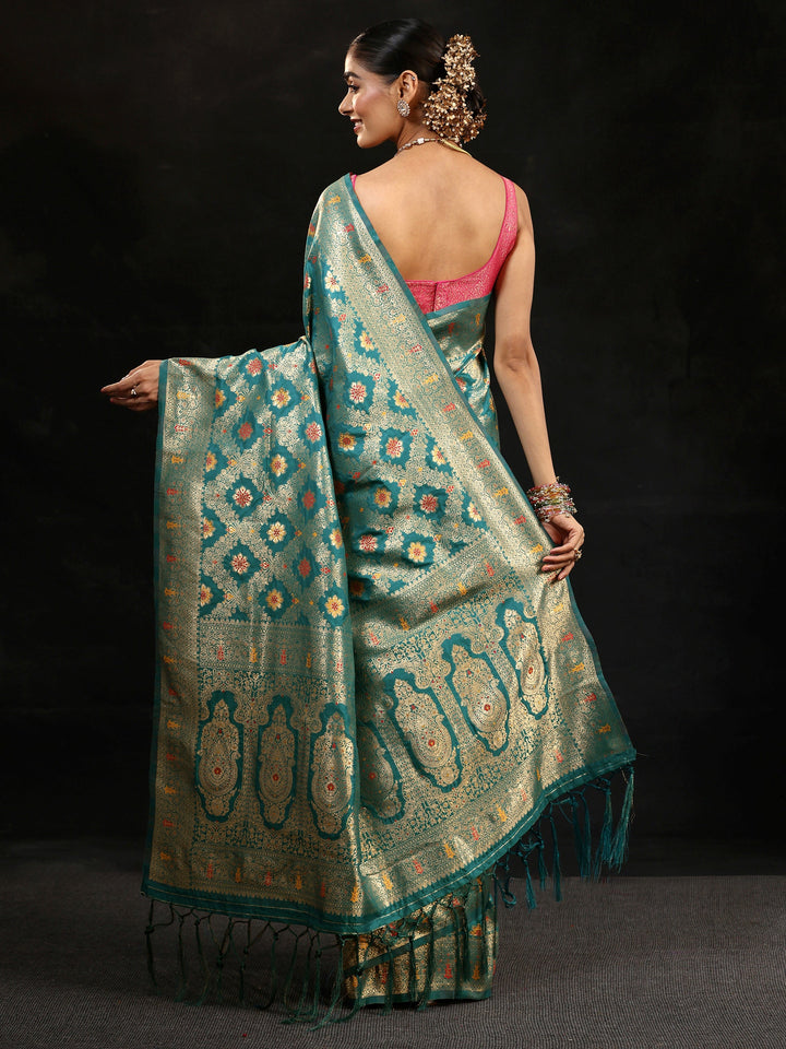 Libas Teal Green Meenakari Banarasi Silk Blend Saree