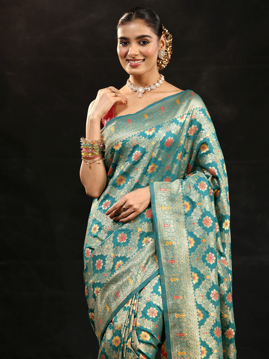 Libas Teal Green Meenakari Banarasi Silk Blend Saree