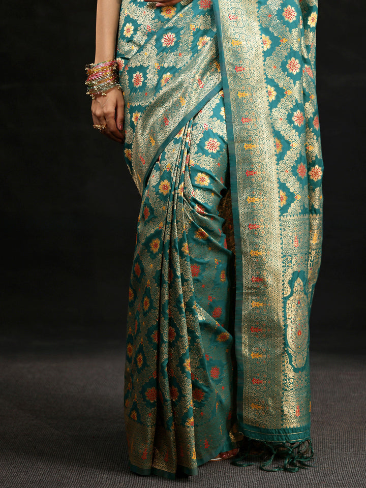 Libas Teal Green Meenakari Banarasi Silk Blend Saree