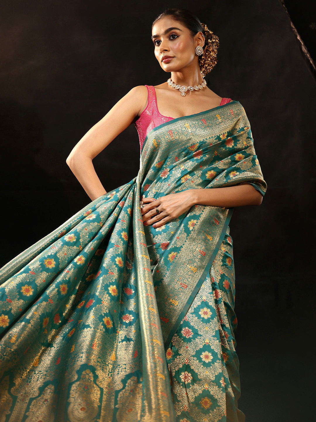 Libas Teal Green Meenakari Banarasi Silk Blend Saree