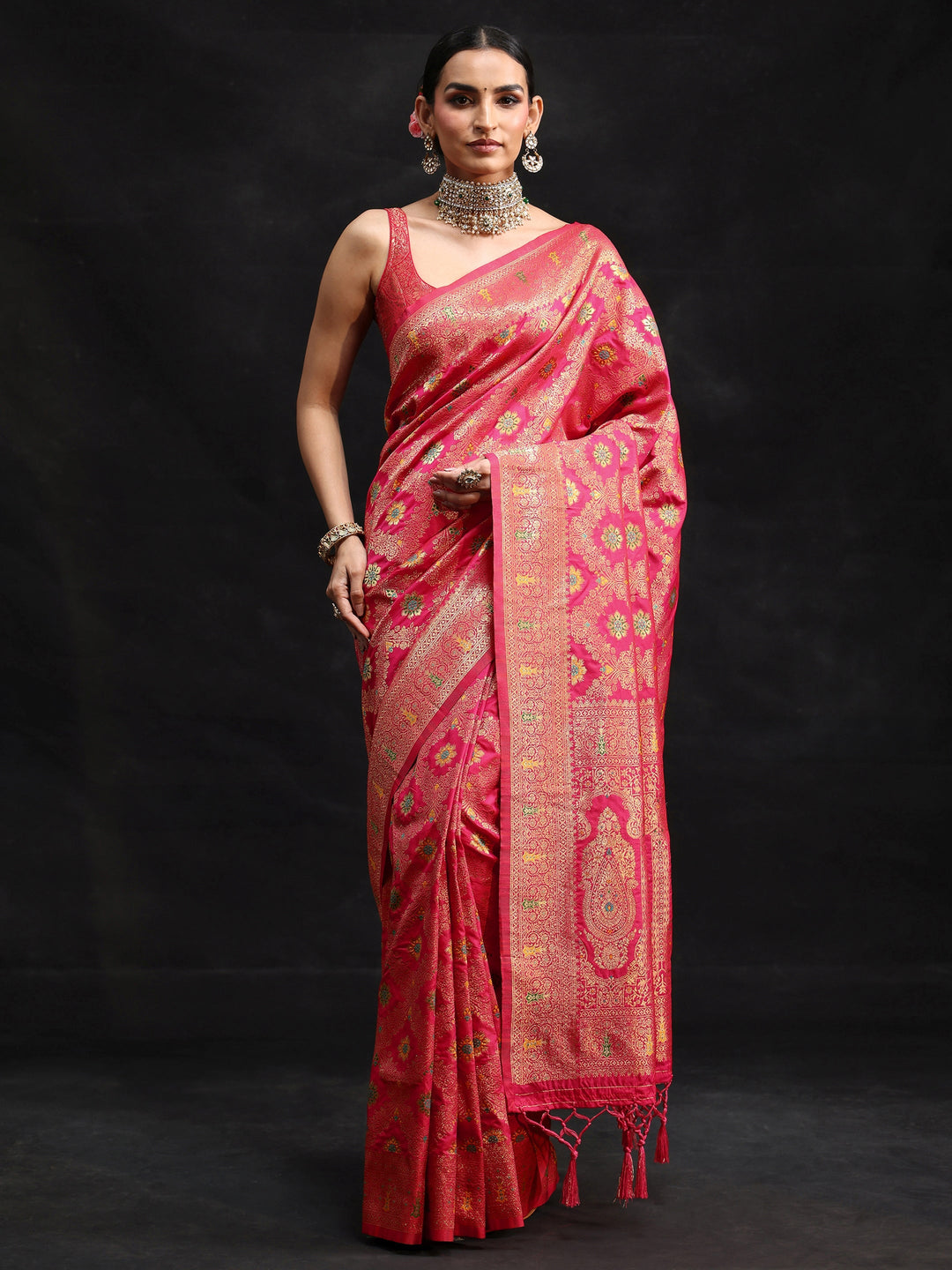 Libas Rani Pink Meenakari Banarasi Silk Blend Saree