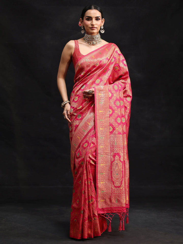Libas Rani Pink Meenakari Banarasi Silk Blend Saree