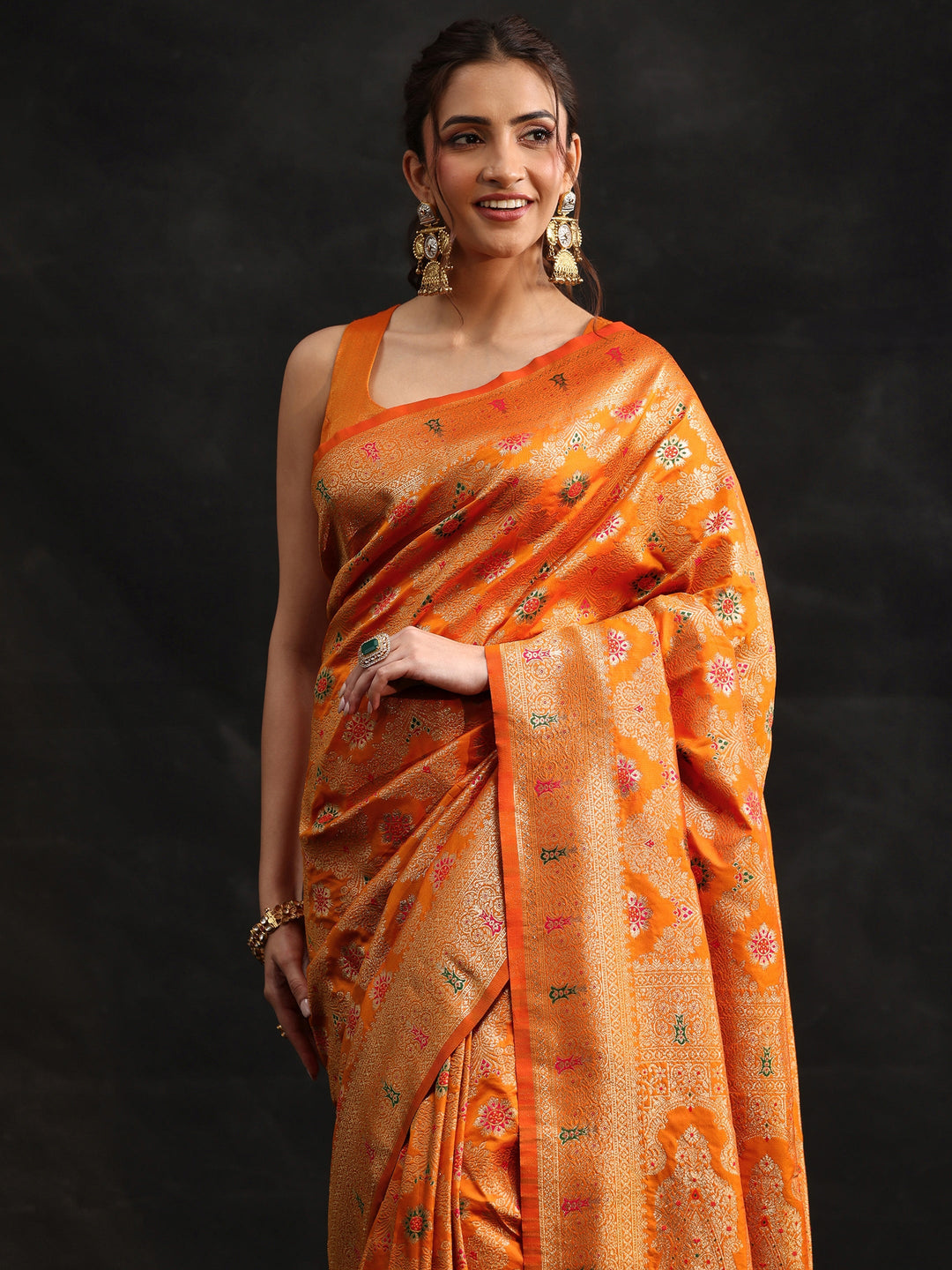 Libas Orange Meenakari Banarasi Silk Blend Saree