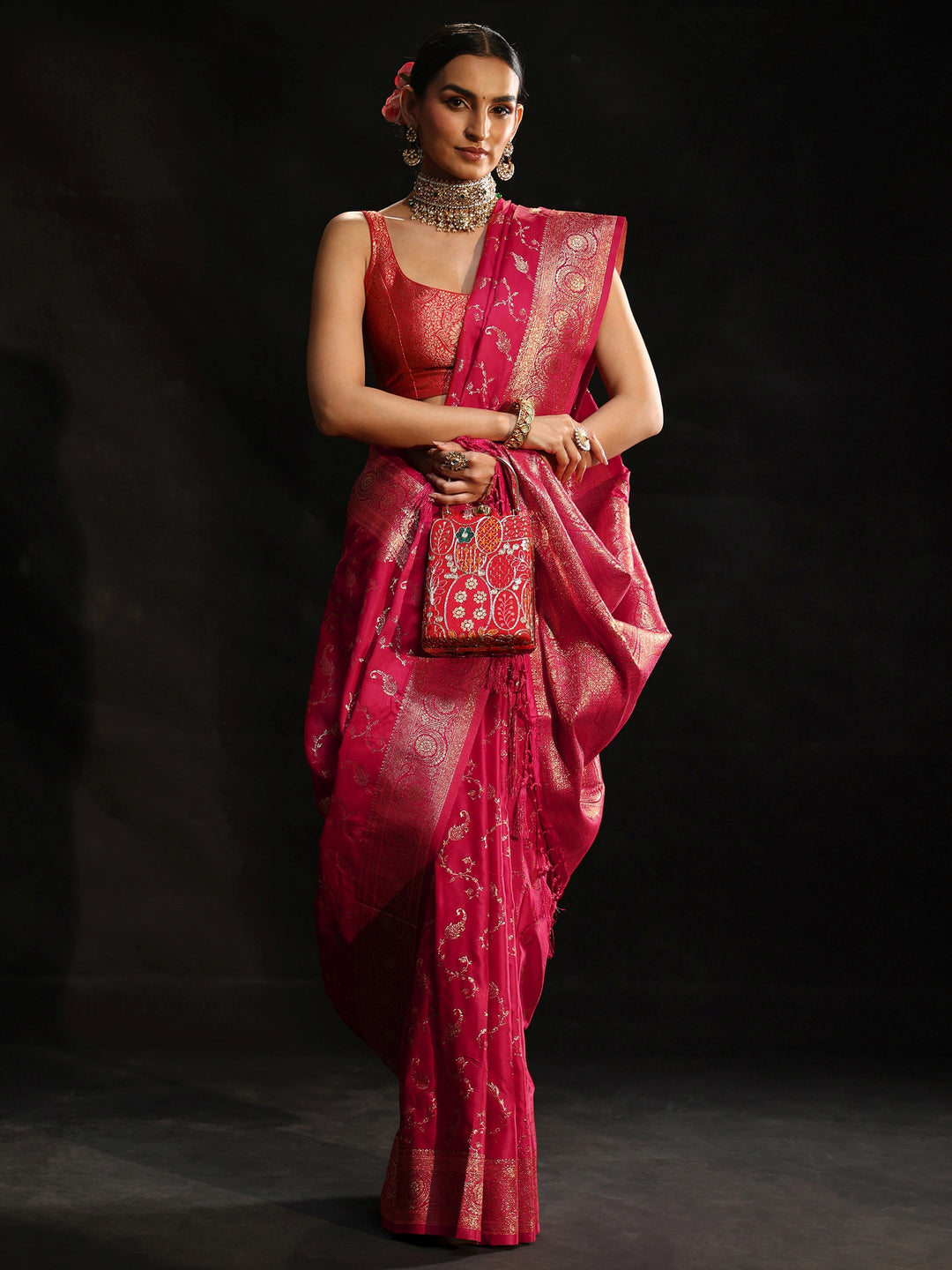 Libas Rani Pink Banarasi Silk Blend Saree