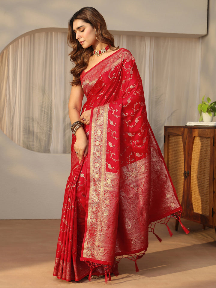 Libas Red Paisley Banarasi Silk Blend Saree