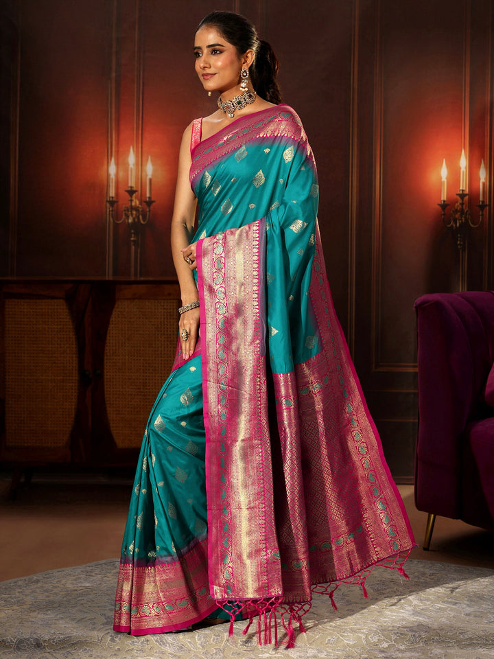 Libas Teal Green Banarasi Silk Blend Saree