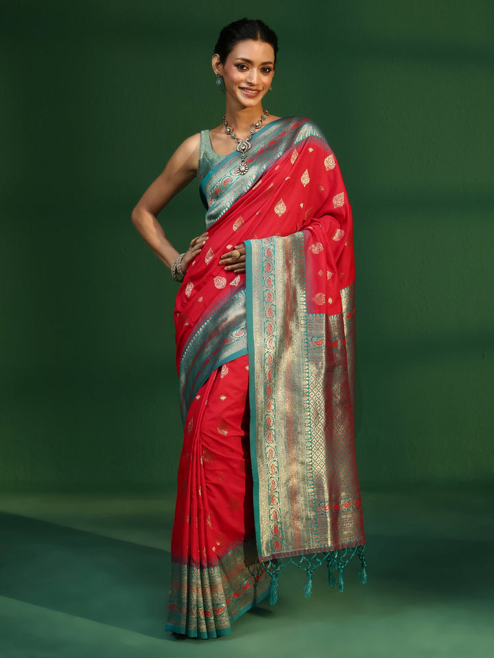 Libas Vermillion Red Banarasi Silk Blend Saree