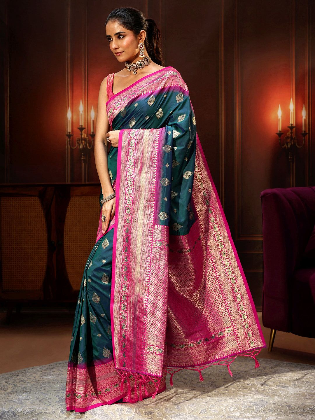 Libas Navy Blue Banarasi Silk Blend Saree