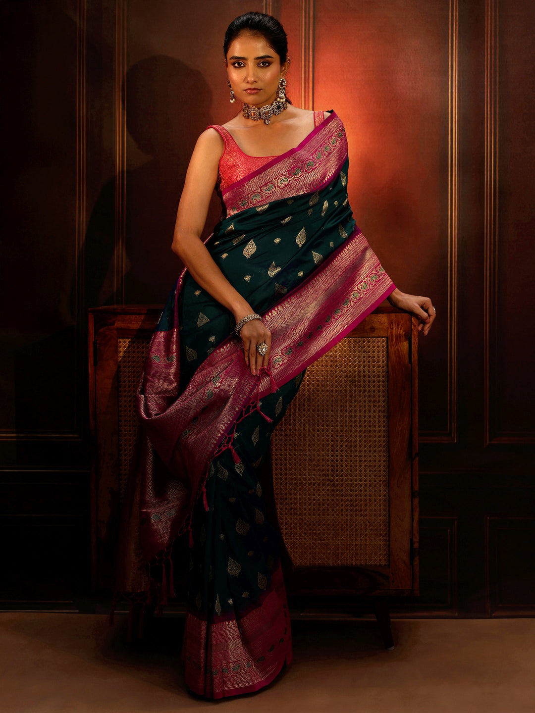 Libas Navy Blue Banarasi Silk Blend Saree