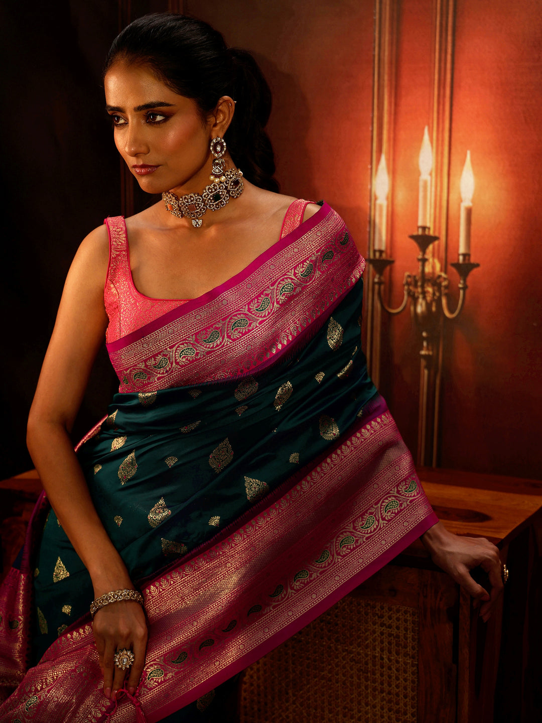 Libas Navy Blue Banarasi Silk Blend Saree