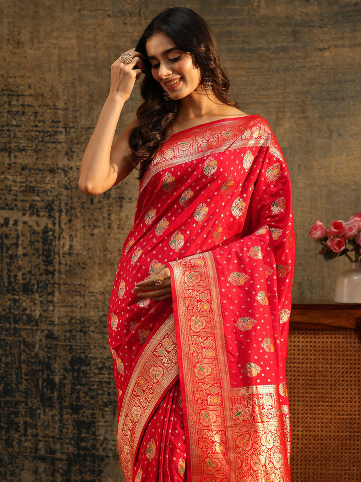 Libas Vermilion Red Banarasi Silk Blend Saree