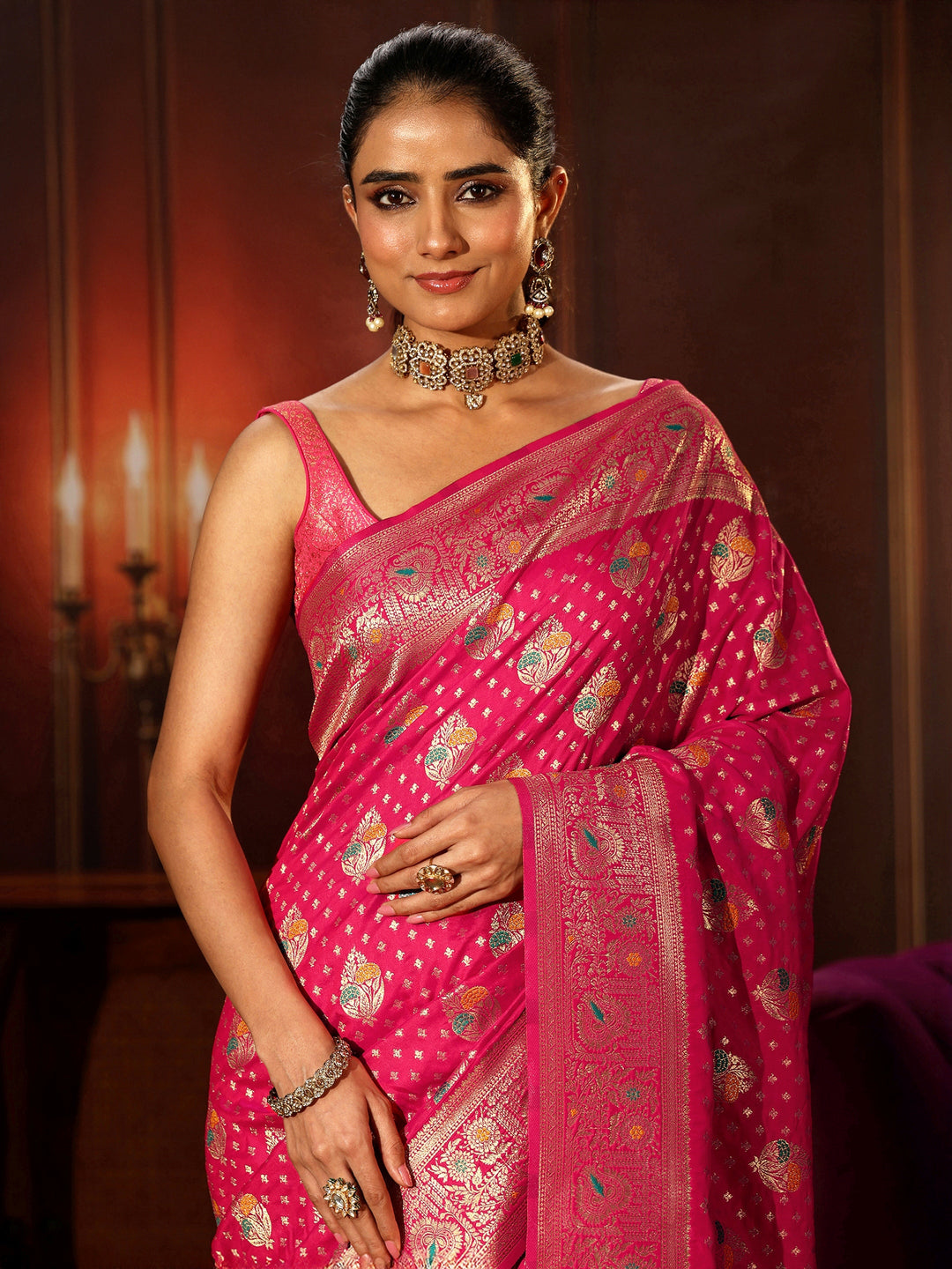 Libas Rani Pink Banarasi Silk Blend Saree