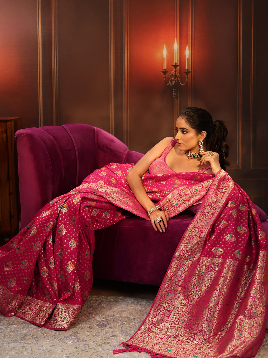 Libas Rani Pink Banarasi Silk Blend Saree