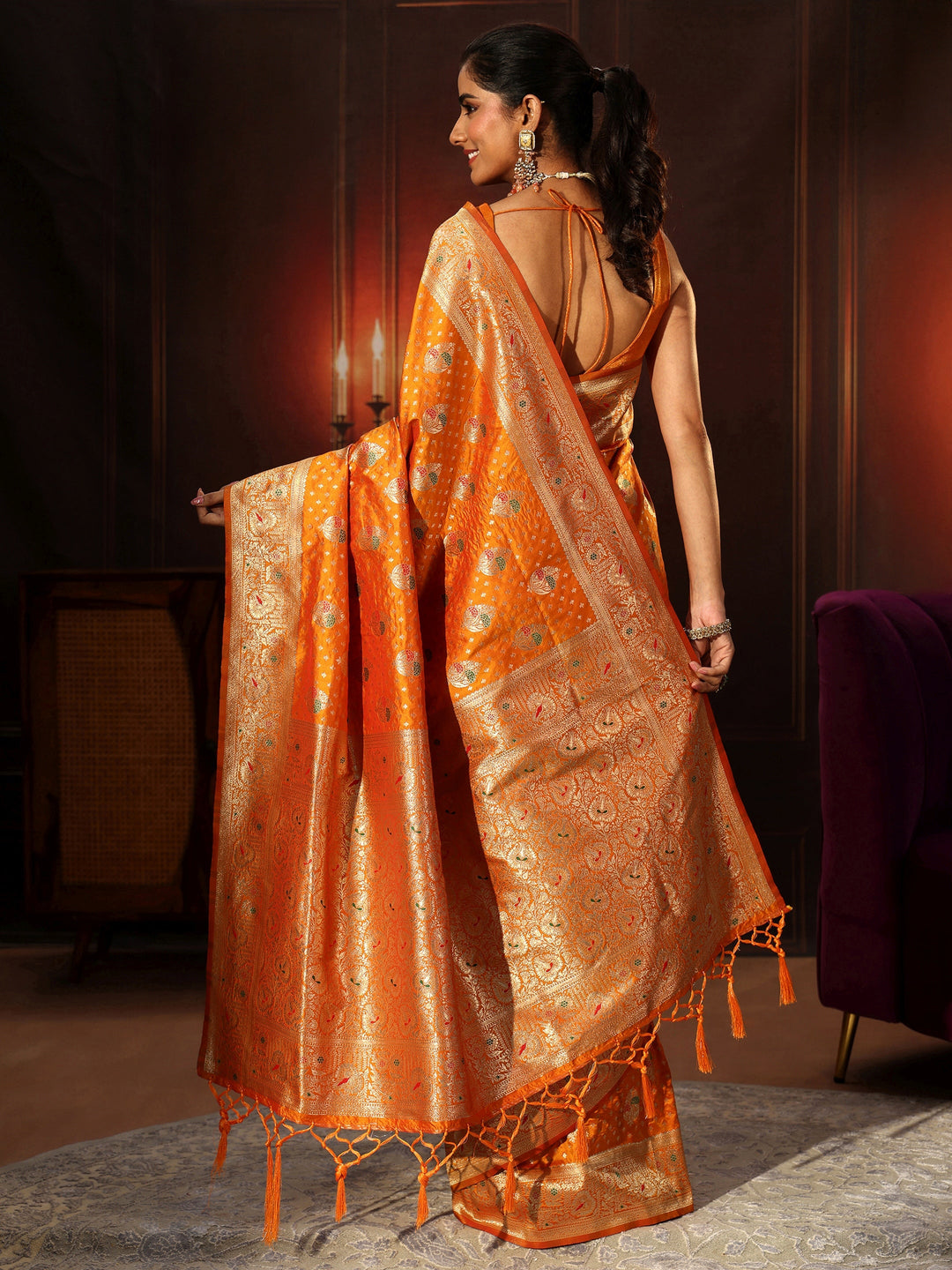 Libas Orange Banarasi Silk Blend Saree