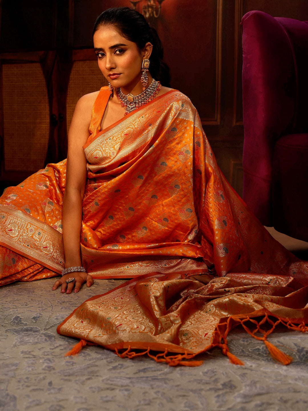 Libas Orange Banarasi Silk Blend Saree