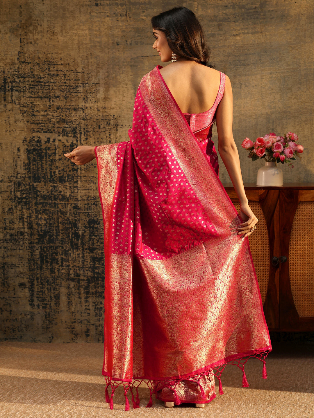 Libas Rani Pink Banarasi Silk Blend Saree