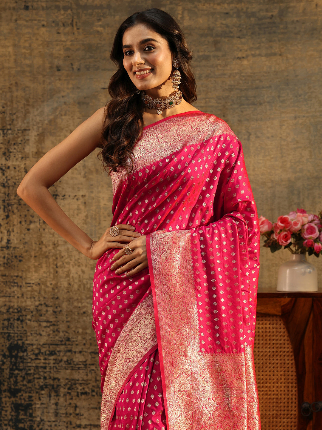 Libas Rani Pink Banarasi Silk Blend Saree