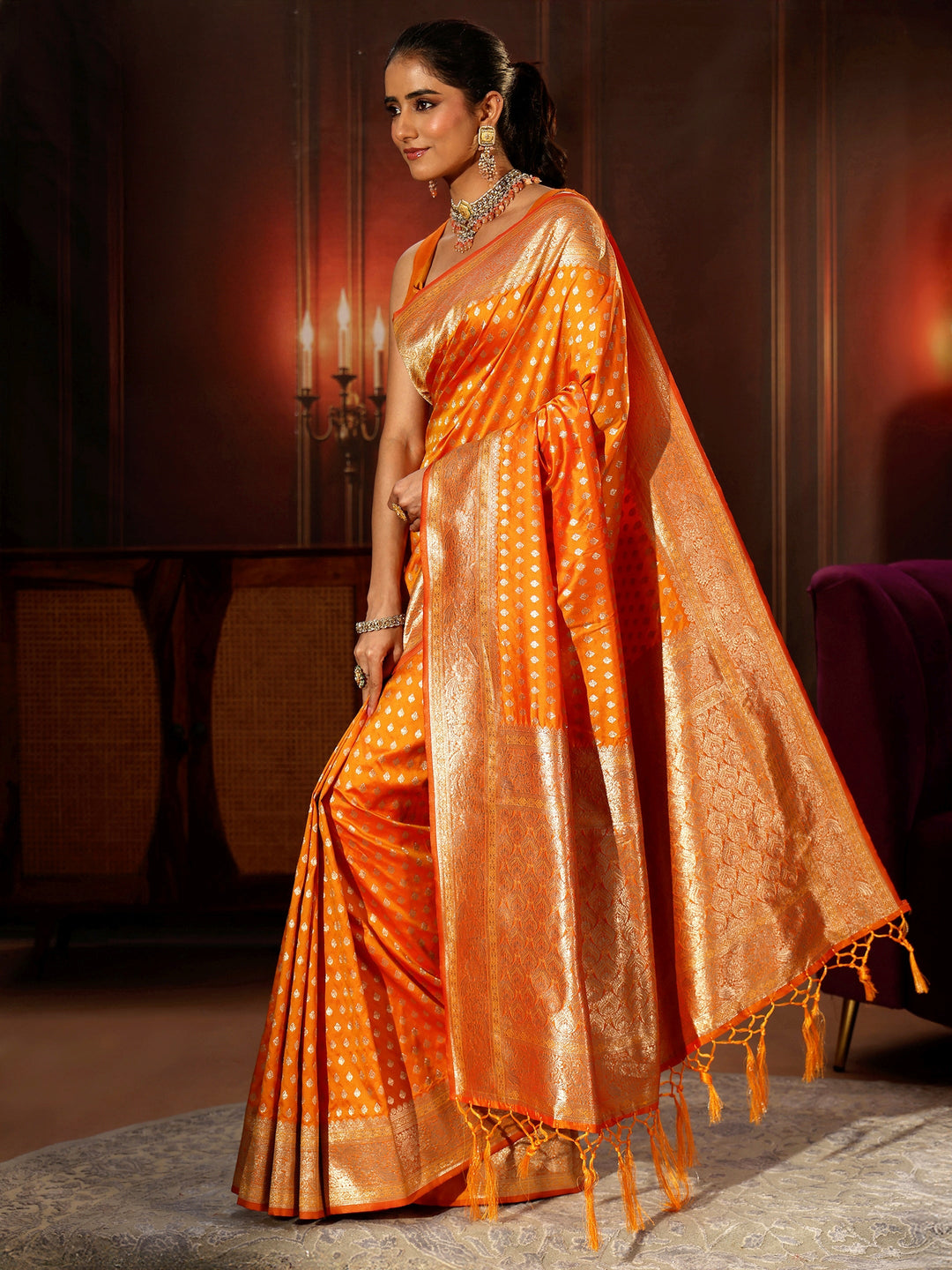 Libas Orange Banarasi Silk Blend Saree