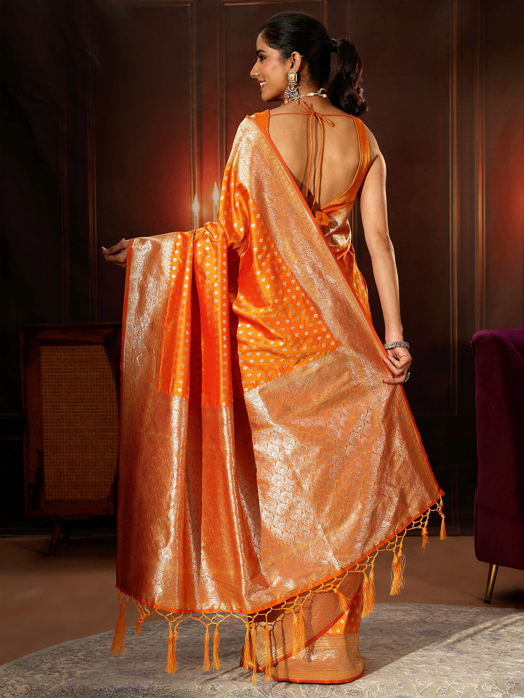 Libas Orange Banarasi Silk Blend Saree