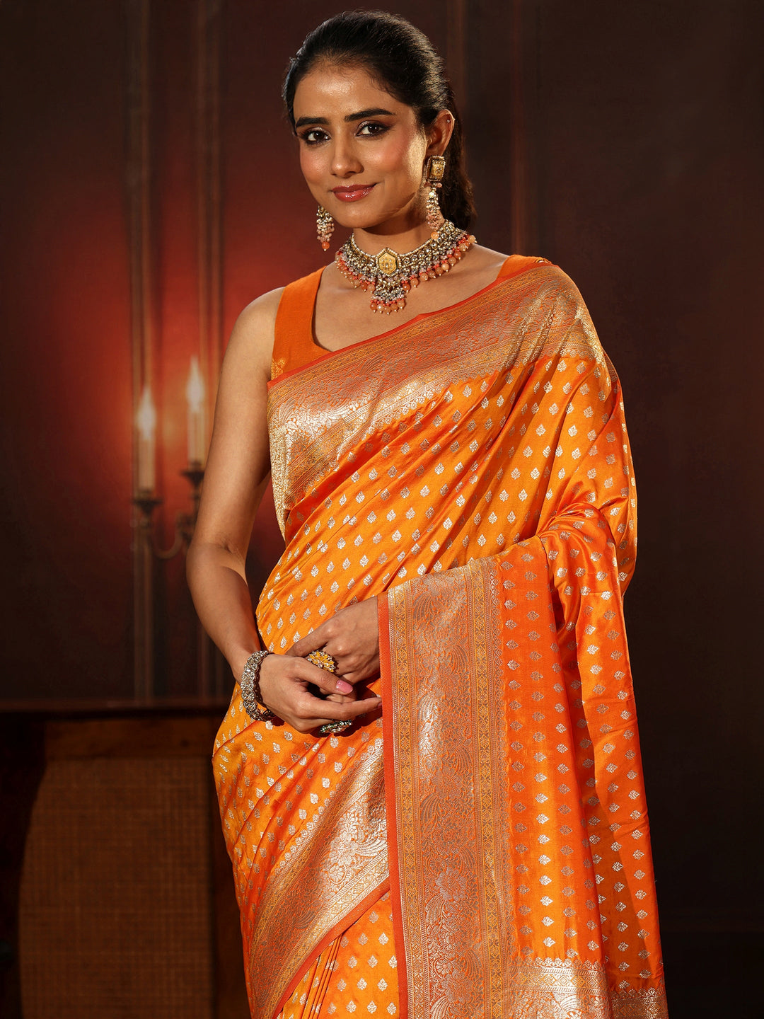 Libas Orange Banarasi Silk Blend Saree